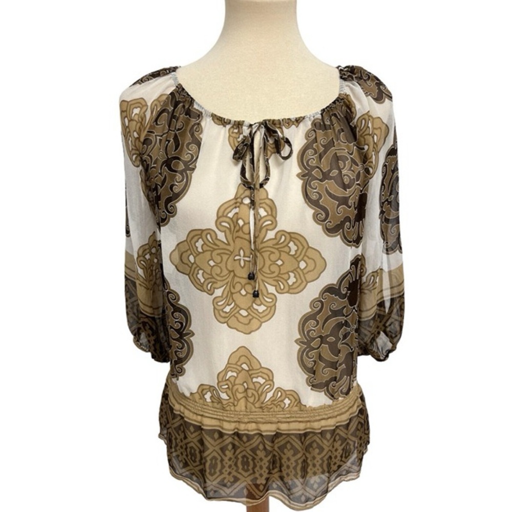 Cache 100% silk chiffon baroque scroll print lightweight pullover blouse XS